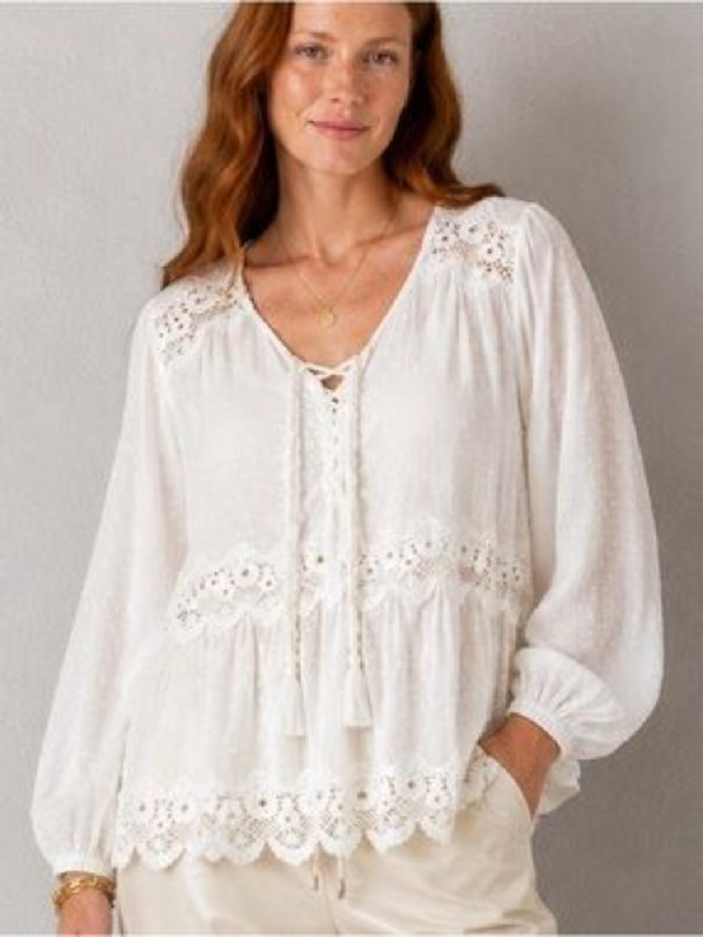 Jade Cream Lace Peasant Blouse with Tassel Tie